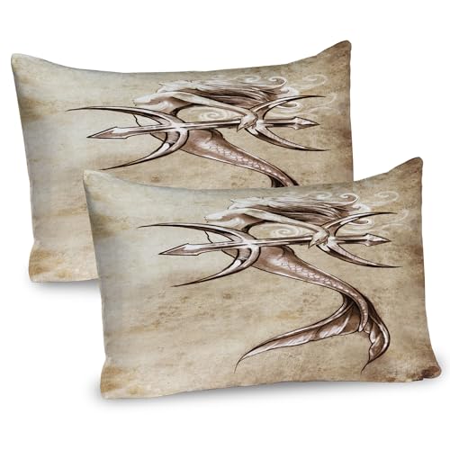 Ambesonne Mermaid Pillow Sham Set of 2, Vintage Girl in The Sea an Anchor Mythical Aquatic Creature Graphic Art, Quality Microfiber Bedding Item for All Seasons, 30