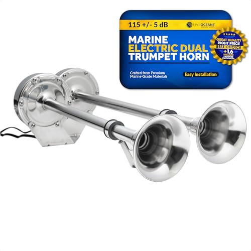 Five Oceans FO2151 Marine Electric Dual Trumpet Horn, Polished AISI316 Stainless Steel, 115 dB, 12 Volts, No Compressor or Hoses needed, Easy Installation