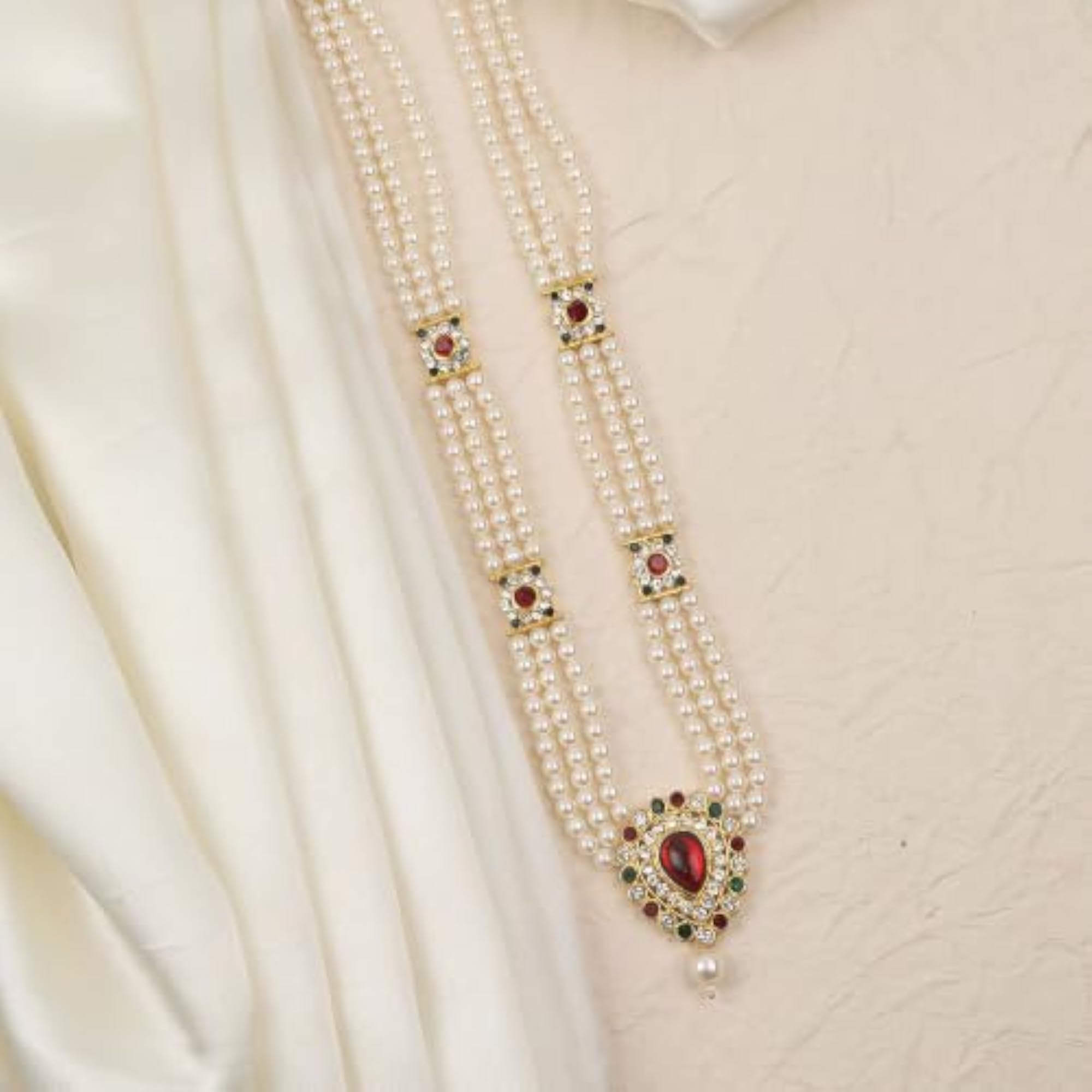 Three Layer Pearl Mala Necklace with Red & Green Stone Pendant