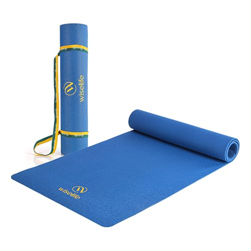 Image of WiseLife Classic Eco-TPE 6 MM Yoga Mat with Yoga Strap for Men & Women | Extra Thick, Long & Wide Non-Slip, Anti-Tear Exercise Mat for Home, Gym, Workout, Fitness, Yoga & Pilates (Blue)