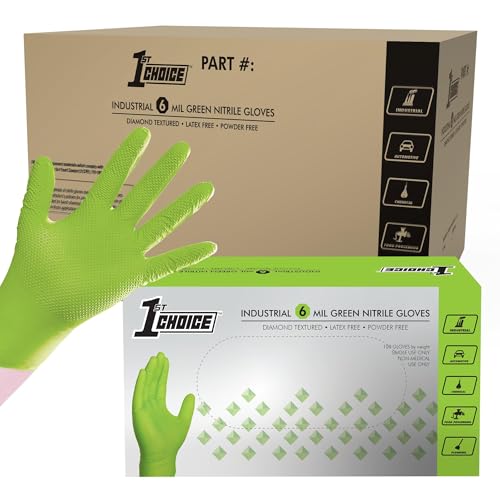 1st Choice 6 mil Green Gloves, Disposable, Latex Free, Raised Diamond Grip, Mechanic Glove for Men,...