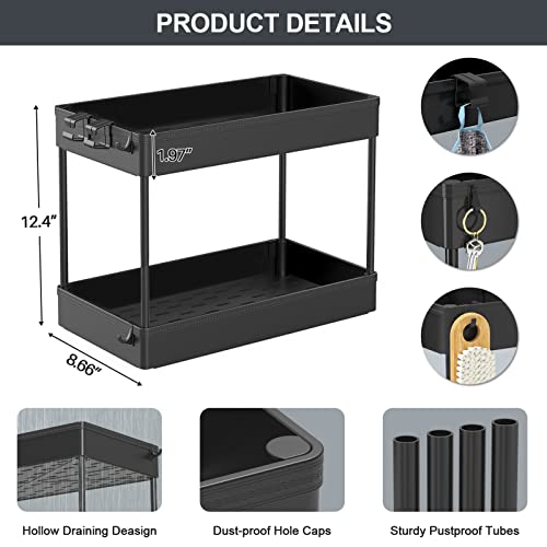 Spacekeeper Under Sink Organizer, 2 Tier Under Sink Storage Organizer, Bathroom Standing Rack, Bath Collection Baskets With Hooks, Multi-Purpose Storage Shelf, Black, 2 Pack #TOP1