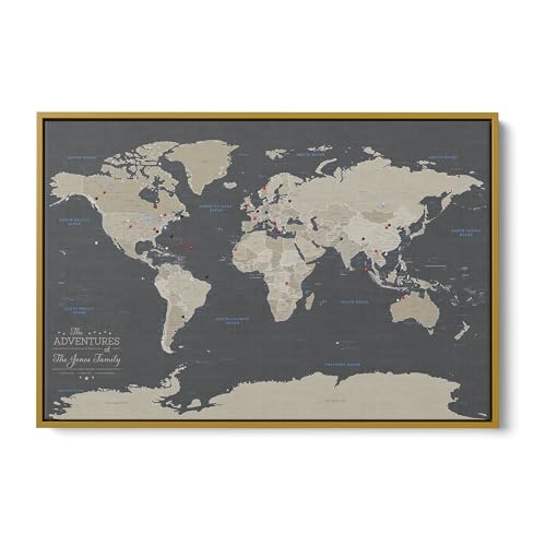 Image of Earth Tone World Map with Pins - Extra Large Personalized Canvas Push Pin Map - Framed World Travel Wall Decor - Gold Float Frame - 34 inch x 51 inch