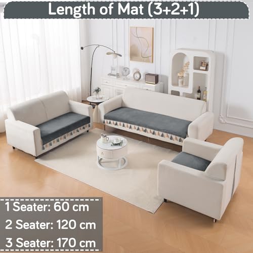 Image of HOKIPO Holland Velvet Sofa Cover Mat for 6 Seater (3+2+1) with Tassel | 'TasselTone Series' | Graphite Grey (IN-1108+1106+1104-DGRY)
