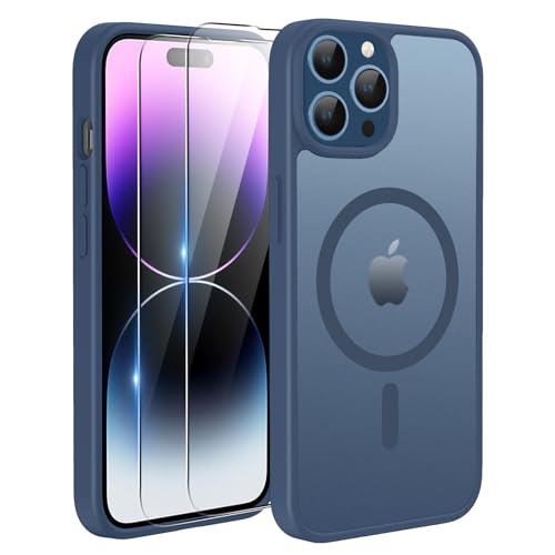 TQIAHF Magnética Funda para iPhone 14 Pro MAX con 2 Protector Pantalla Vidrio Templado Compatible con Magsafe Militar Protección Case Dura Mate Cover Carcasa para iPhone 14 Pro MAX,Azul