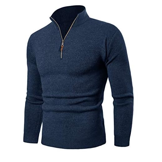 KEFITEVD Troyer Stickad tröja herr ståkrage 1/4 dragkedja tröja bomull stretch fin stickad tröja höst vinter långärmad tröja, Denimblå, XL