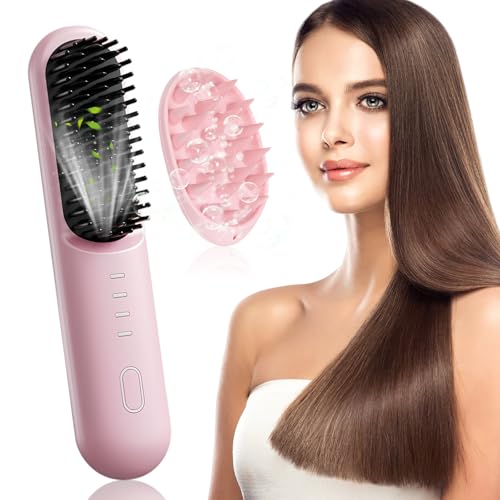 Mapille Cepillo Alisador de Pelo Inalámbrico, Plancha de Pelo Portátil, 140-200℃ 4 Ajustes de Temperatura, Mini Alisador de Pelo Iónico Negativo Ligero, Recarga USB, Peine Alisador (Rosa)
