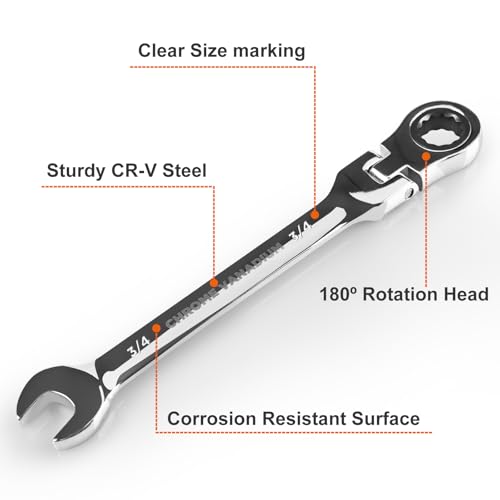 Image of Egofine 3 /4 Inch Ratchet Wrench Flex Head, Ratcheting Combination Wrench SAE, Industrial Grade Gear Spanner with 12 Point Box End, 72-Teeth Ratchet, Chrome Vanadium Steel