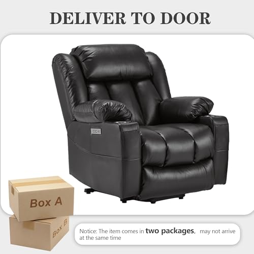 Kasunpul Oversized Power Lift Recliner with Massage and Heat for Elderly, Heavy Duty Reclining Chair, Faux Breathable Leather, Includes USB/Type-C Ports, 2 Cup Holders& Remote Control, Black — view 6