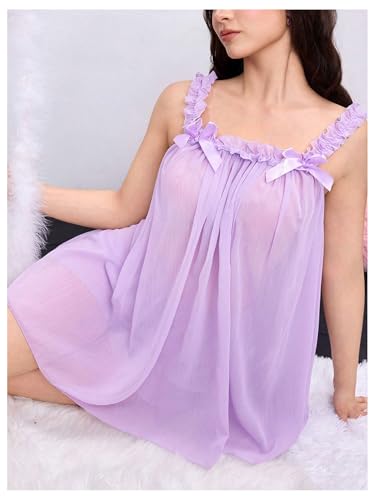 Image of MakeMeChic Women's 2 Piece Lingerie Mesh Cute Valentine Pajama Set Ruffle Bow See Through Vintage Nightgown Sleepwear