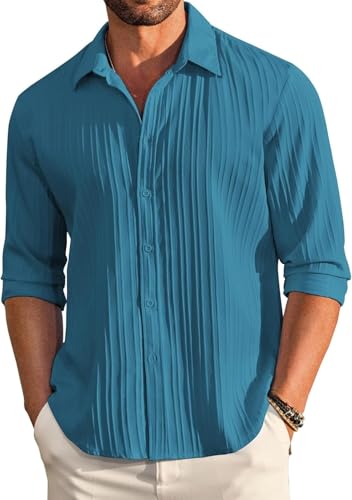 Image of Men's Casual Button Down Shirts Long Sleeve Linen Shirt Fashion Textured Beach Summer Shirt
