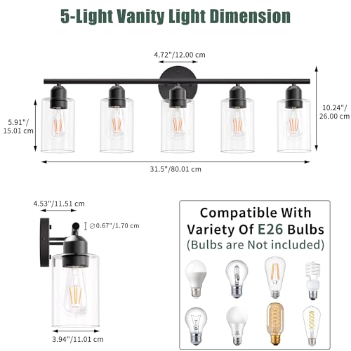 Image of Bathroom Vanity Light Fixtures Matte Black Bathroom Lighting Fixture, 5 Lights Bathroom Light Fixture Over Mirror, Modern Black Vanity Light, Wall Sconces with Glass Shades