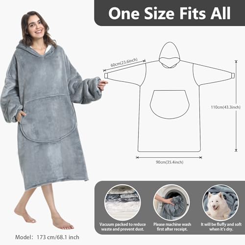 MOKANI Kuscheldecke mit Ärmeln und Kapuze Hoodie Decke, Decken Hoodie Decke mit Ärmeln, Übergröße Kapuzenpullover für Damen Herren, Grau