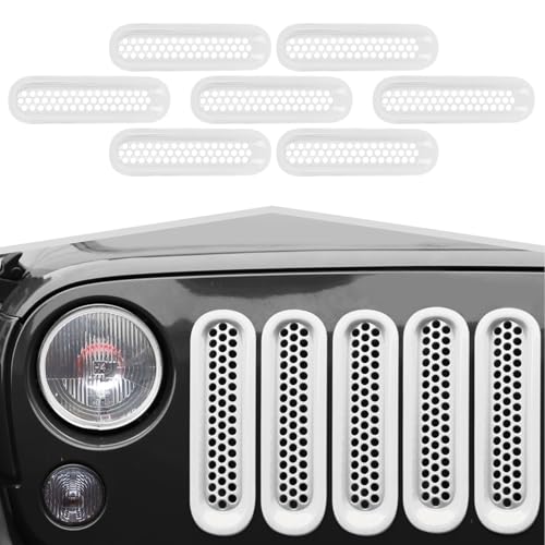 Image of Front Grille Inserts Grill Mesh Clip-on Trim Covers Exterior Accessories Compatible with Jeep Wrangler JK & JKU 2007-2017,White