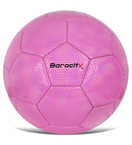 Image of Soccer Ball - Premium Official Match Ball with Cool Reflective Rainbow Hex Pattern, Durable Adult and Kids Soccer Ball for Indoor, Outdoor, Training, Practice, Play, Games - Pink, Size 4