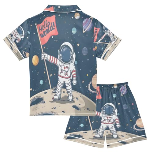 ALAZA Cute Astronaut Solar System Hello World Space Satin Pajamas Set Short Sleeve Button Down Sleepwear Summer Pjs 2 Piece2