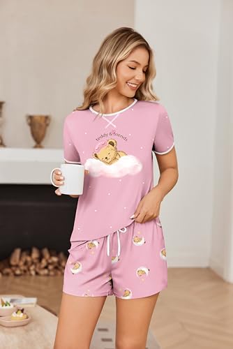 Image of Ekouaer Women Pajama Set Casual Short Set Pink-Wind Love Cartoon Bear Small