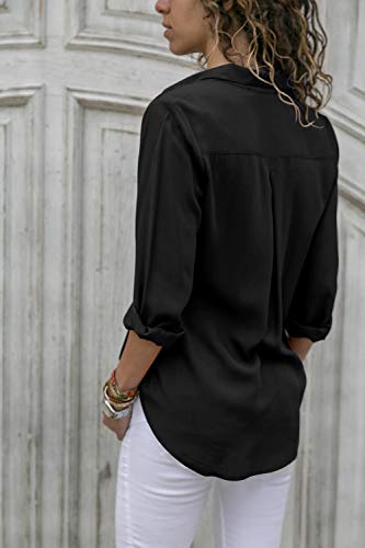 Yidarton Women's Long Sleeve V Neck Chiffon Blouses Tops Button Down Business Shirts(Black,M)