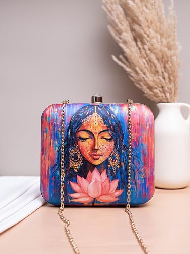 Image of Artklim Printed Box Clutch for Girls - Cross Body Purse with Detachable Golden Chain Strap