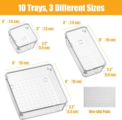 Image of Desk Drawer Organizers Trays Set Clear Plastic Storage Bins Bathroom Drawer Tray Dividers Vanity Trays Organizer For Bedroom Dresser Makeup Kitchen Utensil Office (Set Of 10), Transparent