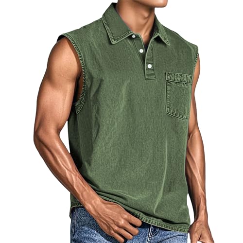 Camiseta Polo Vintage sin Mangas para Hombre, Estilo Casual, con Botones, Bolsillo en el Pecho, Corte Holgado, Transpirable, Ideal para la Playa en Verano, Color Verde Militar, Talla 3X-Large.
