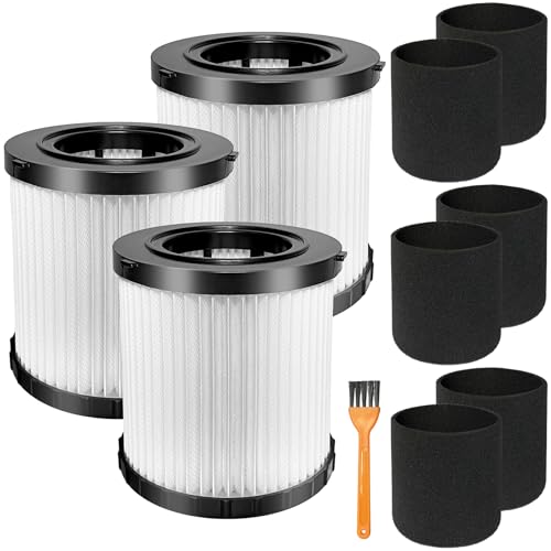 3 Pack DCV5801H HEPA Filter Compatible with DEWALT DCV580H DCV581H 20V MAX Wet/Dry Vacuum with 6 Foam Sleeve Filters & 1 Brush