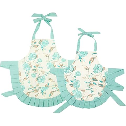NEOVIVA 2 Pack Kitchen Aprons Set for Women and Kids, Adjustable Big Personalised Chef Bakers Cotton Apron with Pockets Wipe Clean Pinafore for Cooking Baking Gardening, Floral Hydrangea Clear Aqua Cover