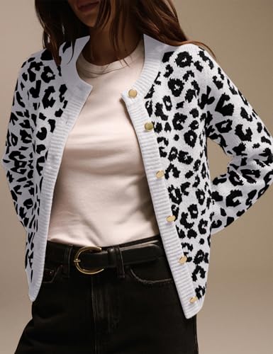 Image of Women Leopard Print Cardigan Open Front Button Down Sweater Long Sleeve Cotton Knit Fall Clothes Outerwear Coats White