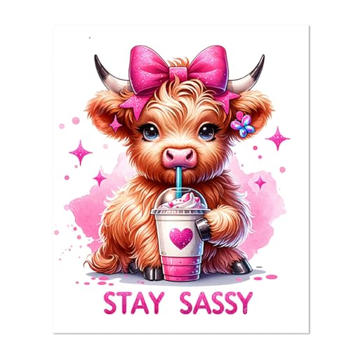 XUNLURY Coquette Pink Bow Highland Cow Diamond Art Kits Stay Sassy Cute Baby Highland Cow Diamond Painting Kits for Girls Kids Adults Beginners Full Drill Diamonds Dots for Home Decor 9.8x11.8 Inch