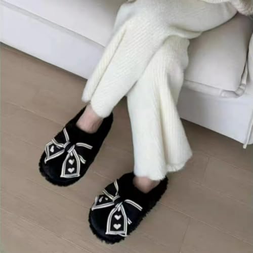 Black Bow Slippers for Women Fuzzy Cute Fluffy Puffy Bedroom Shoes Soft Warm Indoor Outdoor Non-slip3