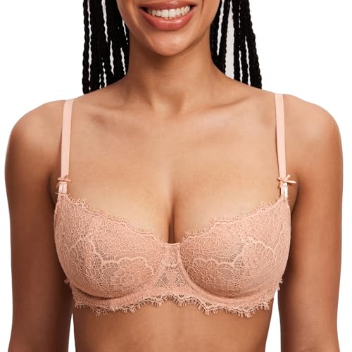Image of DOBREVA Women's Eyelash Lace Balconette Bra Plus Size | Jomarley Lace, Underwire, Unlined, Push up, See Through, Convrtible Straps, Sexy