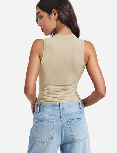 Image of YEOREO Women Basic Mock Neck Workout Crop Top Sleeveless Double Lined Tank Tee Slim Fitted Ruched Going Out Camisole