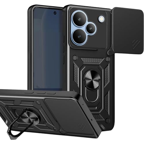 Image of SPAZY CASE Realme P4 Back Cover | Heavy Duty Hybrid Case with 360 Degree Rotating Finger Ring Holder + Slider Shutter Camera Protection Case for Realme P4 - Black
