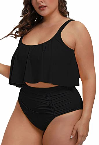 Pink Queen Damen Übergröße Tankini Set 2-Teiliges Bauchkontrolle Badeanzüge Strand Rüschen Plus Size Bikini Schwarz XL