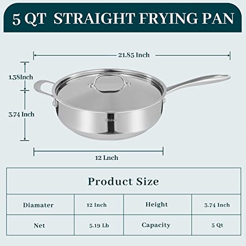 Deluxe Stainless Steel Skillet Frying Pan, 5 Qt Deep Saute Pan With Lid, 12 Inch Large Nonstick Fry Pans For Cooking, Stay-Cool Handle Cookware Suitable Induction Gas Stoves, Dishwasher Oven Safe #TOP4