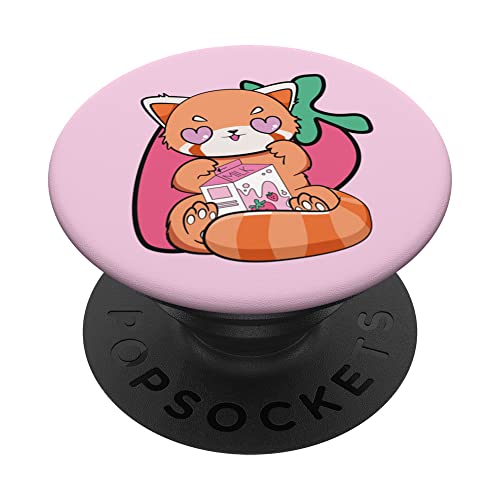 Strawberry Milk Red Panda Cute Chibi Anime Otaku Nu PopSockets Swappable PopGrip, Black