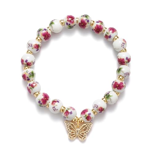 Beaded Bracelets for Women,Bow Charm Red Flower Gold Plated Jewelry Women