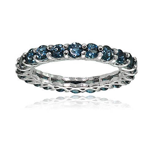 Ice Gems Sterling Silver London Blue Topaz 3mm Round-Cut Eternity Band Ring