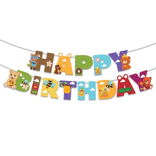 Image of Festiko Bear Theme Happy Birthday Banner With Ribbon, Hanging Decoration Supplies, Bear theme birthday decorations