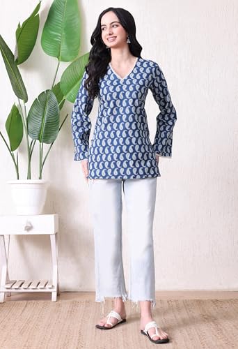 Image of MEERA FAB Women's Floral Printed Cotton Short Top | Sanganeri Printed Top Full Sleeves | Short Kurti for Women