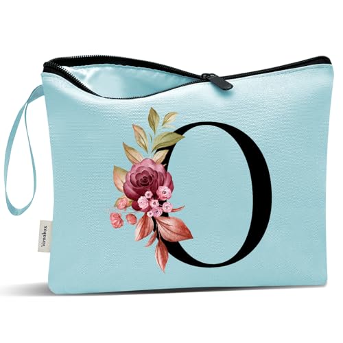 Image of Vavabox A-Z Personalized Makeup Bag, Birthday Gifts for Women Mom, Gifts for Best Friend, Bride Bridesmaid Cosmetic bag (O, Aqua)