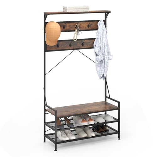 COSTWAY 4 en 1 Perchero Entrada Recibidor, Banco Zapatero y 2 Estantes, 11 Ganchos, Perchero Zapatero para Pasillo Dormitorio Salón, 102 x 40 x 184 cm (café)