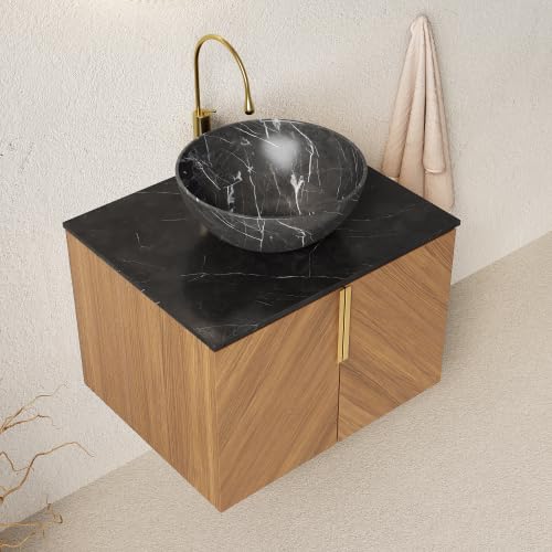 vutizal Szafka pod umywalkę 61 cm z czarnym zlewozmywakiem ceramicznym, meble łazienkowe z blatem spiekanym i 2-drzwiową szafką, Soft Close, wygląd drewna espresso