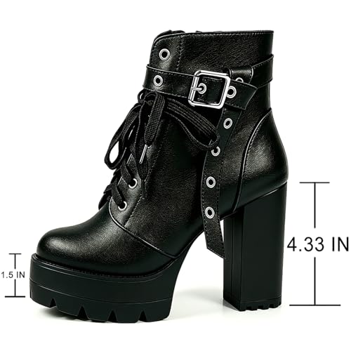 Image of FOREADA Goth Boots Chunky Heel Boot For Women Ankle Combat Booties Black Platform Bootie Buckle Rivets Punk Goth Shoes With Zipper