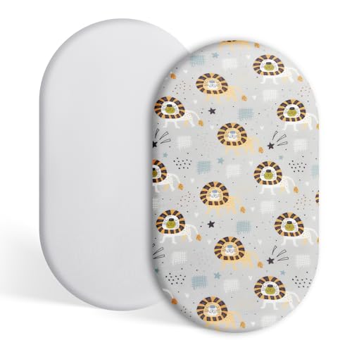 Image of TILLYOU Baby Bassinet Sheets for Girls Boys 2 Pack Baby Sheets for Square Rectangle Oval Bassinet Mattress 33X16 Inch, Lion's Paradise and Grey