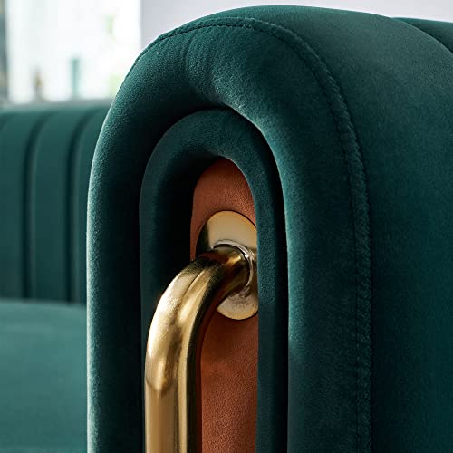 Image of KEIKI 84 inch Velvet Deep Channel Tufted Sofa with Back Cushions and Rolled Arms, Modern Style 3-Seater Couch with Golden Polished Steel Legs, Easy Assembly, for Living Room, Bedroom, Office, Green
