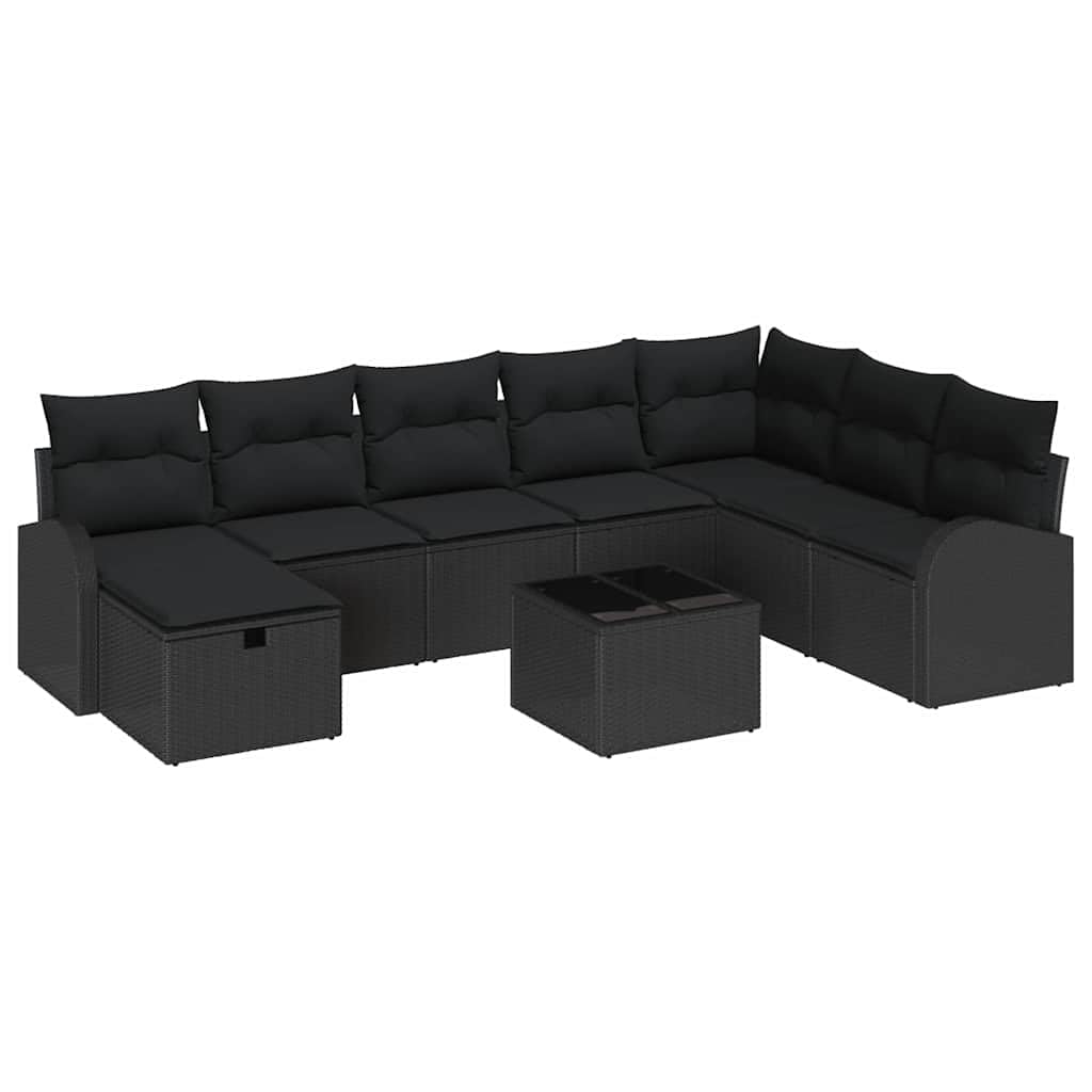 Juego de sofá de jardín de ratán sintético con cojines de 9 piezas, color negro, modular muebles de jardín con espacio de almacenamiento de madera de acacia