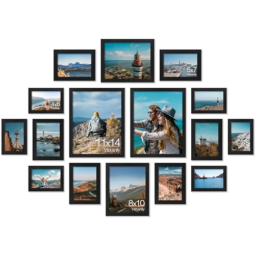 Image of Vittanly 16 Pack Picture Frames, Gallery Wall Frame Set with 2Pcs 11x14, 2Pcs 8x10, 6Pcs 5x7 and 6Pcs 4x6 Photo Frames, Picture Frames Collage Wall Decor for Wall or Tabletop Display, Black