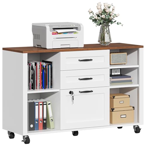 Semoic 3 Drawer Wood Lateral File Cabinet with Lock, Rolling Mobile Filing Cabinet with Open Storage Shelves, Printer Stand Office Storage Cabinet for Home Office Fits Files Legal/A4 Size, White