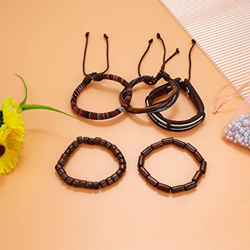 Yolev 5 Stück Lederarmband Herren Wickelarmbänder für Männer Frauen Hanfseil Holzperlen Ethnisches Tribal Armband Goth Bracelet Men Geflochten Breites Armbänder Set Herrenarmbänder